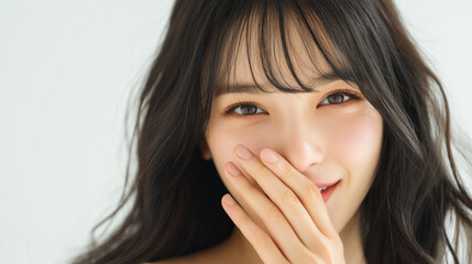 女優のモデル女性が口を押えてコソコソ話をしている顔のアップ写真