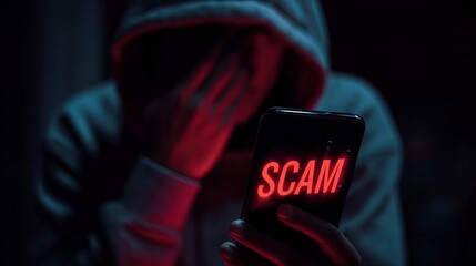 A male figure in a hooded sweatshirt holds a smartphone displaying the word 'SCAM' in red, highlighting feelings of frustration and anxiety.
