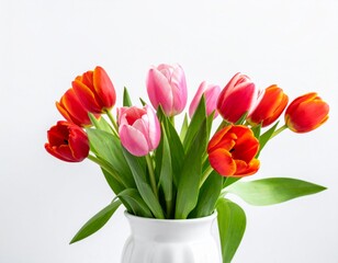 Obraz premium Vibrant Tulips in White Ceramic Vase onwhite background.