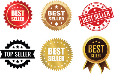 Collection of best seller badges, seals, and emblems, various designs for advertising, marketing, and product promotion, sales