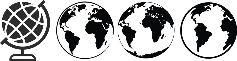 Minimalist black and white vector globe icons and Earth views. Ideal for global concepts, international travel, geography, and worldwide connectivity designs