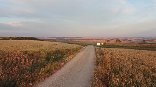 Aerial Sunrise View over Alto de Mostelares near Castrojeriz, Spain &ndash; Scenic Fields along the Camino de Santiago