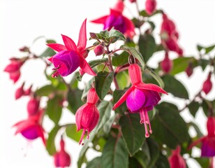 Fuchsia flowers bush on white background.