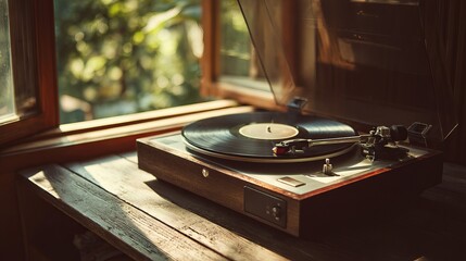 Vintage turntable with a vinyl record playing in a sunlit room, surrounded by wooden elements and greenery outside.