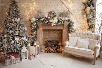 Stunning Christmas Photo Studio Featuring Cozy Fireplace and Elegant Fir Tree Decor