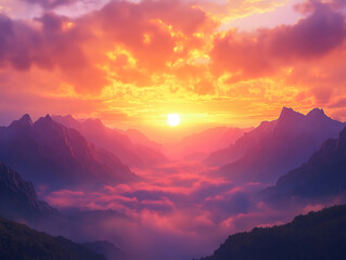 Obraz premium A Dreamlike Sunset Melting into the Mountain Fog