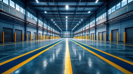 Fototapeta premium Interior View of a Modern Empty Warehouse with Yellow Safety Lines, Metal Structure, Roller Doors and Bright Lighting System.