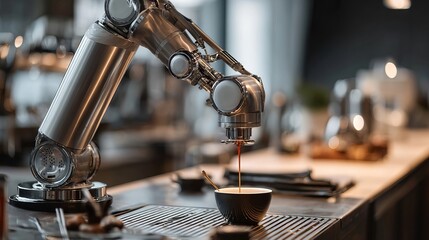 A sleek robotic arm skillfully serves coffee into a modern cup in a stylish café setting.