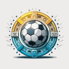 Soccer ball inside a decorative emblem with a unique design.