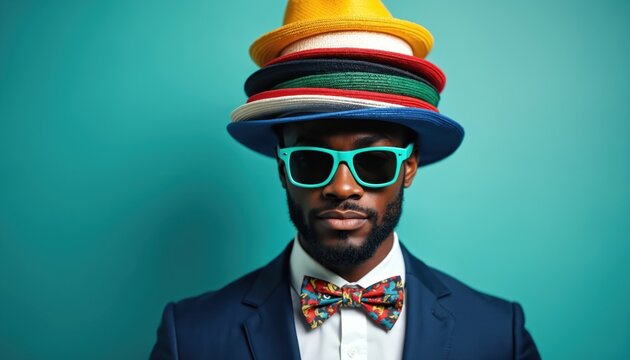 Man wears stack of colorful hats and turquoise sunglasses. He has a patterned bow tie and blue suit. Studio shot shows confident male model against teal backdrop.