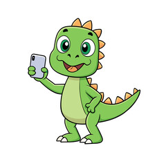 Cute green dinosaur taking a selfie with a smartphone