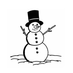 A cheerful black and white snowman wearing a top hat