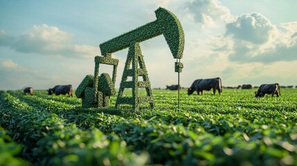 Green Oil Well Pumpjack Topiary in Field with Grazing Cattle: Sustainable Energy, Environmental Awareness, and Agriculture Concept