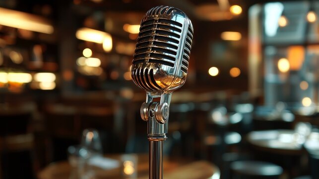 Vintage Chrome Microphone on Stage in Restaurant or Bar with Bokeh Lights Background, Music Performance, Entertainment - Powered by Adobe