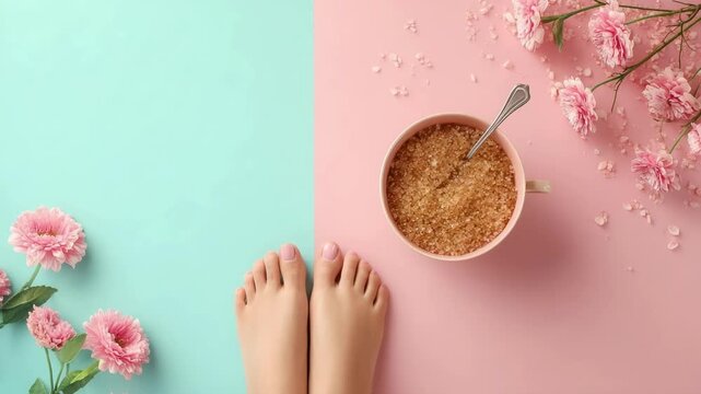 Bare feet on a two-toned pastel floor beside a bowl of porridge and pink flowers.