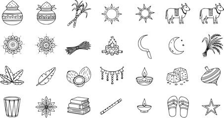 Hand drawn doodle style vector icons for Indian harvest festivals like Pongal and Makar Sankranti. Featuring traditional symbols: sun, cows, sugarcane, diya lamps, fruits, rice.