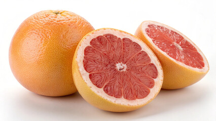 A vibrant still life featuring a whole grapefruit and two grapefruit halves, isolated on white background, showcasing their juicy texture and color