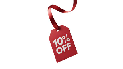 A red tag with 10 off text and a ribbon isolated on transparent background