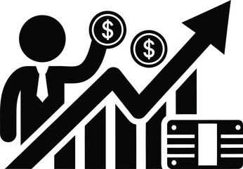 Vector art of business growth concept with a businessman holding coins and a rising graph