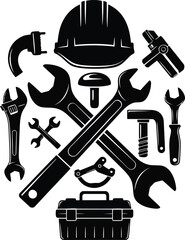 Vector art of collection of construction and plumbing tools, including a hard hat, wrenches, hammer, and toolbox