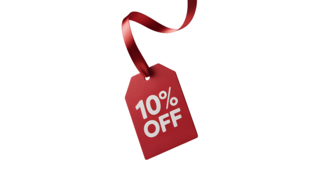 A red tag with 10 off text and a ribbon isolated on transparent background