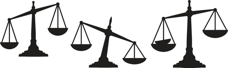 Vector art of three dark blue silhouette illustrations of justice scales