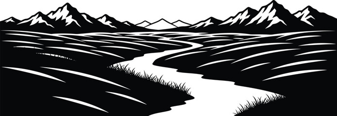 Vector art of stylized black and white landscape with a winding river flowing through grassy plains towards a majestic mountain range under a clear sky