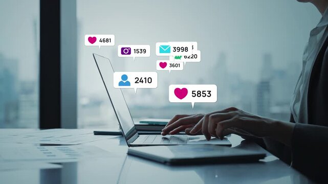 オフィスでノートパソコンを使うビジネスパーソンとソーシャルネットワークのコンセプトイメージ