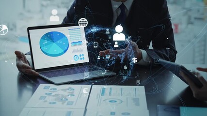 Concept image of a group of business people meeting in an office and digital network - Powered by Adobe