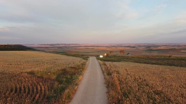 Aerial Sunrise View over Alto de Mostelares near Castrojeriz, Spain &ndash; Scenic Fields along the Camino de Santiago