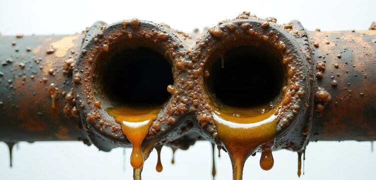 Illustration shows clogged plumbing pipe with grease and blockage. Dirty drain with dripping oil. Kitchen sink plumbing problem. Maintenance of sewer system requires cleaning.