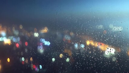 Raindrops on a window blur a colorful city at night into soft bokeh lights. - Powered by Adobe