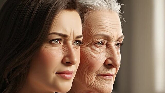 Woman's life journey aging gracefully from youth to old age, time passing concept