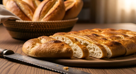 Freshly Baked Bread: A Delicious Display of Sliced Loaf with a Knife and Basket