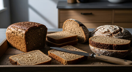 Freshly Baked Bread: A tempting display of various loaves and slices on a wooden tray