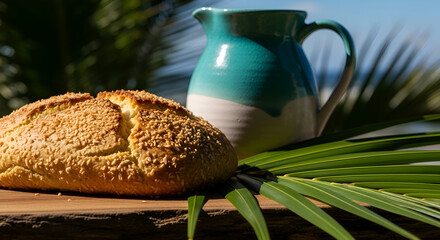 Freshly Baked Bread and a Ceramic Pitcher on a Tropical Setting with Natural Sunlight