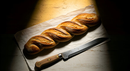 Freshly Baked Bread and a Knife on a Wooden Surface in Dramatic Lighting