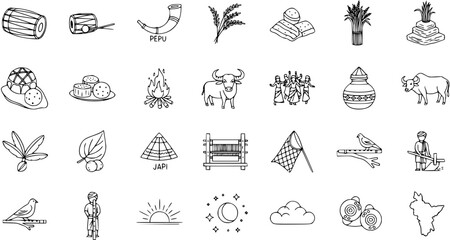 Assamese Bihu Festival and Cultural Heritage Line Art Icons Set