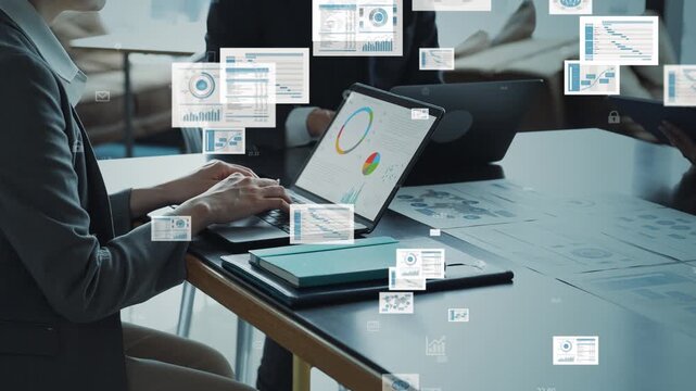 Concept image of a group of business people meeting in an office with business data