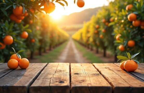 Wooden table in sunlit orange grove. Rows of fruit trees with ripe mandarins. Warm sunset light creates inviting atmosphere for product placement.
