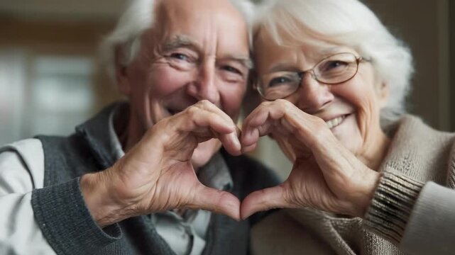 Two elderly people smiling while forming a heart shape with their hands.