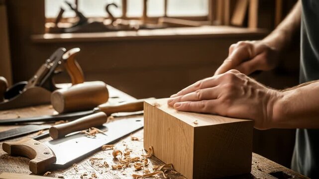 Woodworker smoothing block of wood with hands, workbench full of tools in sunlit workshop