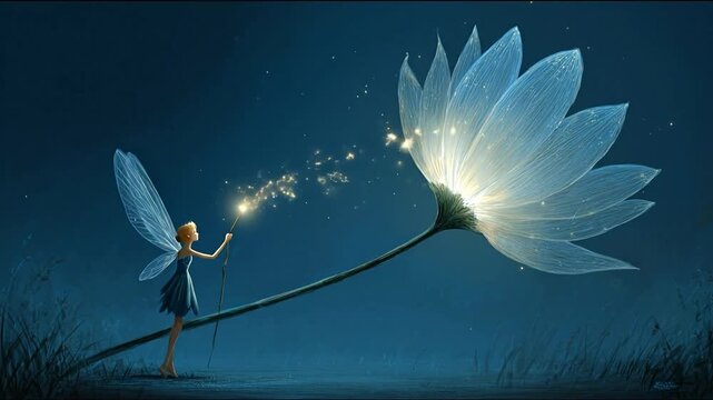 Fairy illuminated by glowing flower in mysterious dark night scene