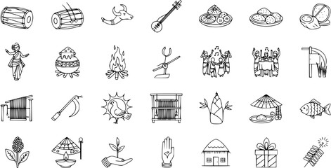 Assamese Bihu Festival and Cultural Elements Line Art Icons Set