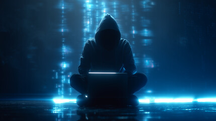 A photo of a hooded black-clad hacker criminal typing on a computer