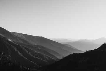 Forest covered mountain range with haze. Monochrome landscape photo