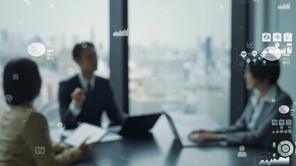 Concept image of a group of business people meeting in an office and digital technology - Powered by Adobe
