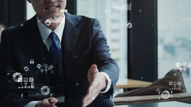 オフィスでミーティングするビジネスパーソンのグループとビジネスデータのコンセプトイメージ