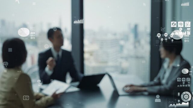 Concept image of a group of business people meeting in an office and digital technology