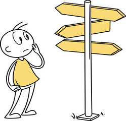 Stickman Thinking at Direction Signpost – Business Decision Concept Vector Illustration with Yellow Arrows and Minimal Hand-Drawn Style